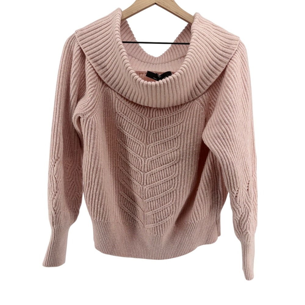 White House Black Market Pink Cowl Neck Cashmere Wool Blend Cable Knit Sweater L - Picture 2 of 9